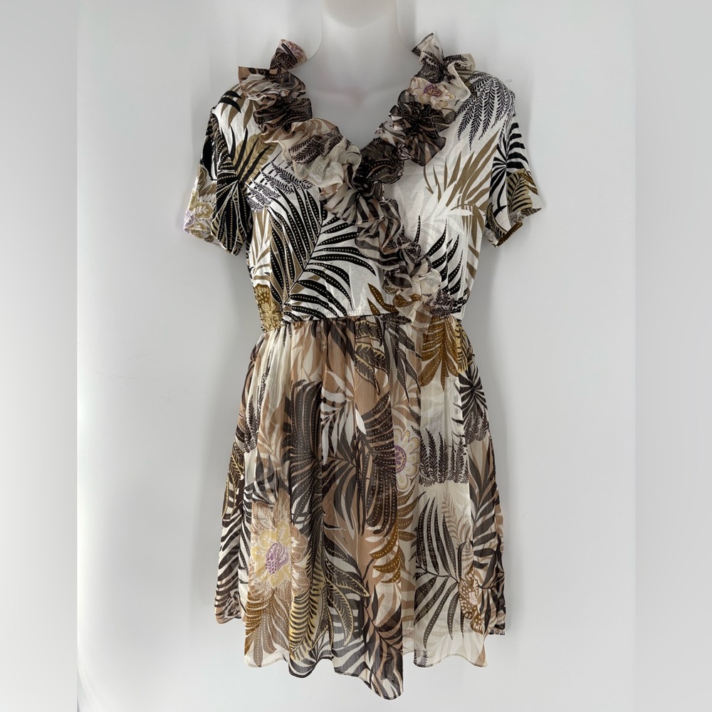 V Christina V-Neck Brown Floral Ruffle Dress - Short Sleeve Fit & Flare Size Sm